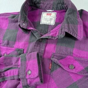 Y2k Levis Men Flannel Shirt Shacket Small Purple Black Buffalo Plaid 501 Buttons